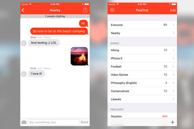 FireChat marcha hasta sin cobertura de telefonía móvil, en aviones, subterráneos, trenes, transporte público y cruceros, entre otros. Además, da la posibilidad de crear salas de chat en vivo.