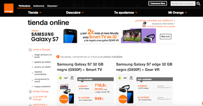 Web de Orange con el Galaxy S7 y Galaxy S7 Edge en oferta