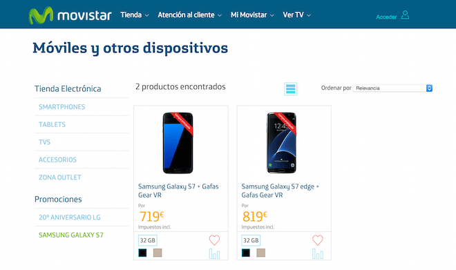 Web de Orange con el Galaxy S7 y Galaxy S7 Edge en oferta