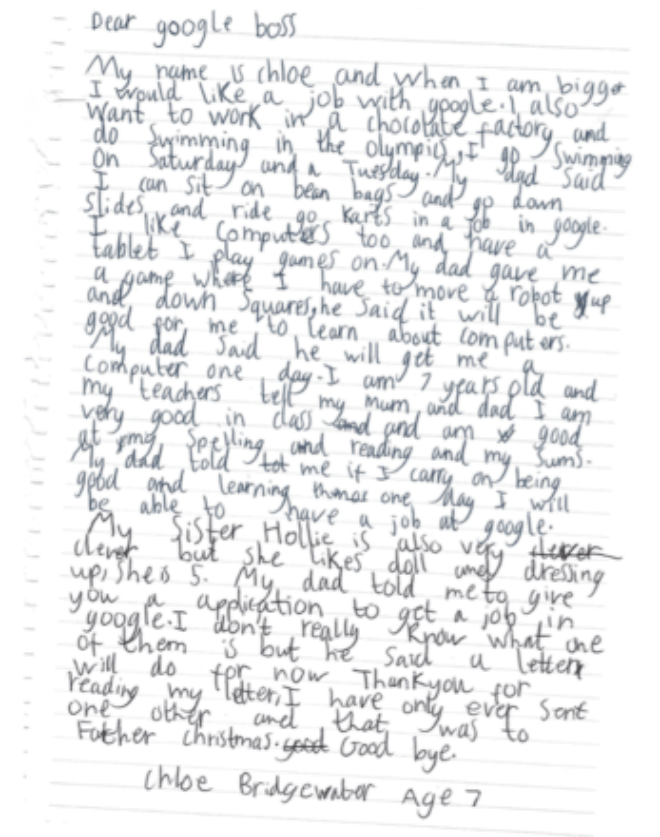 pequeña de siete años escribe a mano una carta a Google