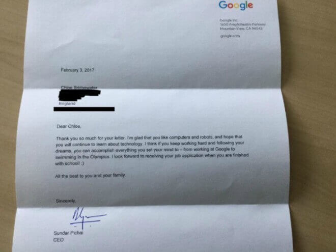 CEO de Google, Sundar Pichai, responde a carta de niña de 7 años