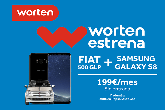Worten Estrena vuelve con un Fiat 500 Lounge Híbrido GLP y un Samsung Galaxy S8 por 199 euros al mes