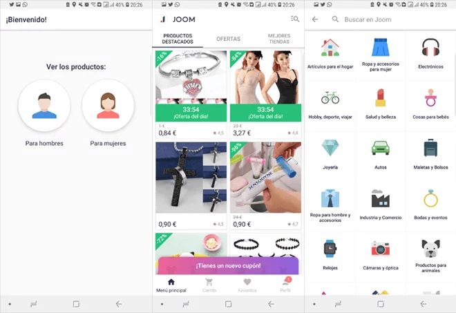 En Joom puedes seleccionar si deseas ver productos para hombres o mujeres y además filtrar las búsquedas por categorías