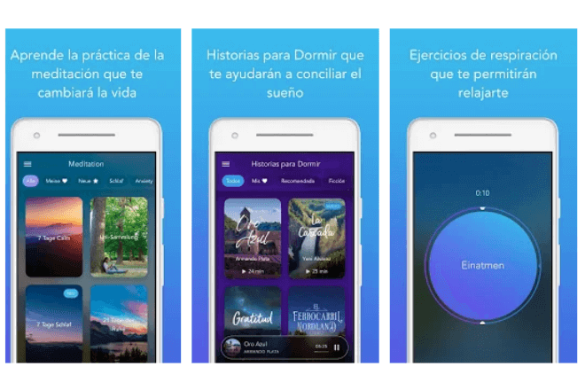 imagen de tres pantallas de móvil con la app Calm