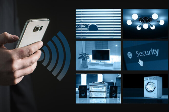 Un móvil se conecta a través de WIFI 5Gcon equipos y electrodomésticos del hogar