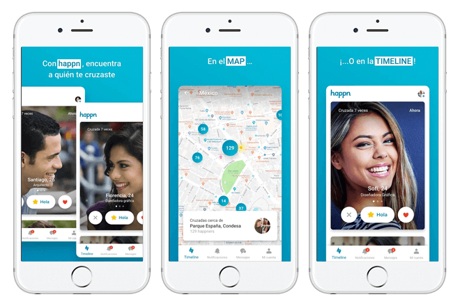 happn es una app de CITAS con más de 50 millones de usuarios, lo que permite encontrar fácilmente a las personas que te cruzaste EN LA VIDA REAL