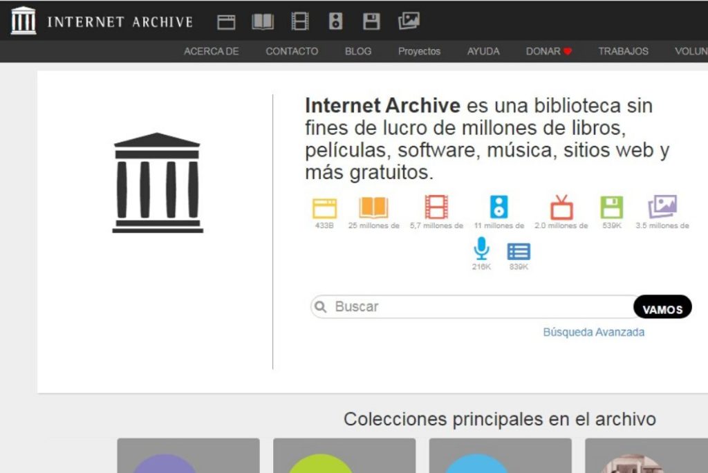 Pantallazo de la pagina web de Internet Archive